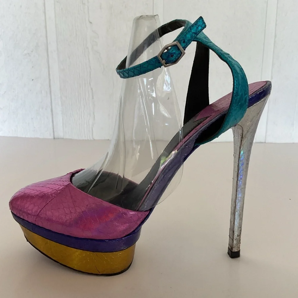 Brian Atwood Multicolored Leather Ankle Strap Platform Heels Size